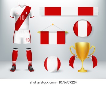 Colección del equipo de fútbol del Perú. Diseño conceptual de elementos de fútbol con uniforme, bandera de intercambio, balón de fútbol, bufanda de vitoreo y copa trofeo con bandera en ilustración vectorial