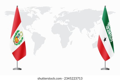 Peru and Somaliland flags for official meeting against background of world map.