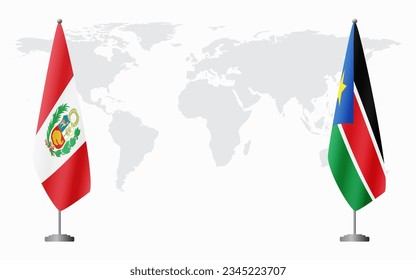 Peru and South Sudan flags for official meeting against background of world map.