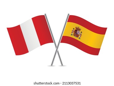 Peru and Spain crossed flags. Peruvian and Spanish flags isolated on white background. Vector icon set. Vector illustration.