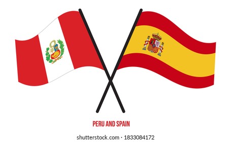 Banderas de Perú y España Cruzadas y ondeando estilo plano. Proporción oficial. Colores correctos.