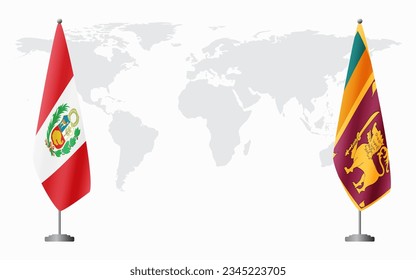 Peru- und Sri Lanka-Flaggen für offizielle Treffen vor dem Hintergrund der Weltkarte.