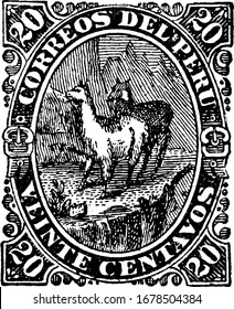 Peru Stamp (20 centavos) from 1866-1867, a small adhesive piece of paper was stuck to something to show an amount of money paid, mainly a postage stamp, vintage line drawing or engraving illustration.