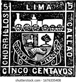 Peru Stamp (5 centavos) from 1871, a small adhesive piece of paper stuck to something to show an amount of money paid, mainly a postage stamp, vintage line drawing or engraving illustration.