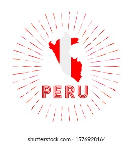 Peru sunburst badge. The country sign with map of Peru with Peruvian flag. Colorful rays around the logo. Vector illustration.
