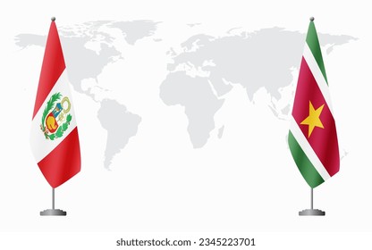 Peru and Suriname flags for official meeting against background of world map.