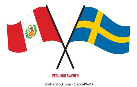 Peru and Sweden Flags Crossed And Waving Flat Style. Official Proportion. Correct Colors.