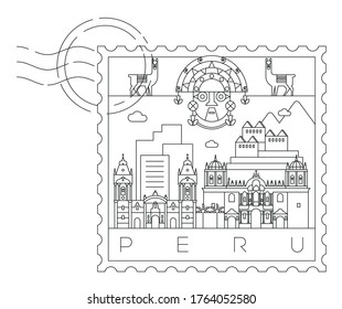 Peru symbols stamp, minimal linear vector illustration and typography design