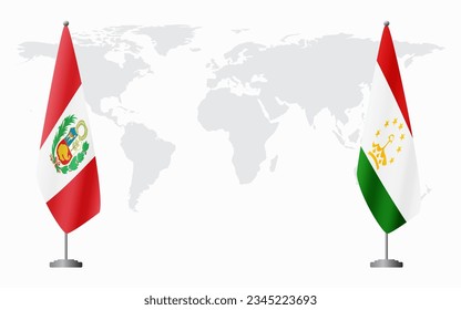 Peru and Tajikistan flags for official meeting against background of world map.