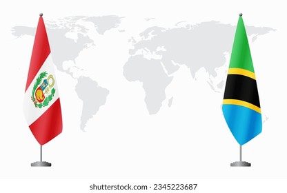 Peru and Tanzania flags for official meeting against background of world map.
