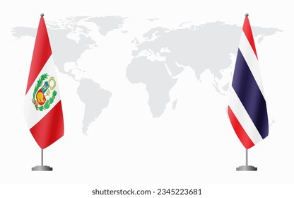 Peru and Thailand flags for official meeting against background of world map.