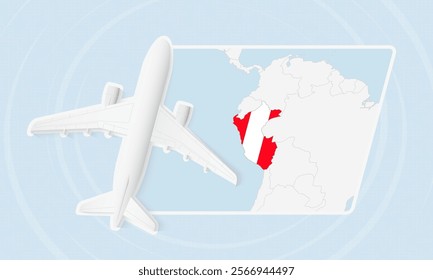 Peru Travel Illustration with Plane and National Flag. Ideal for travel agencies, promotional materials, or geographic content related to Peru.