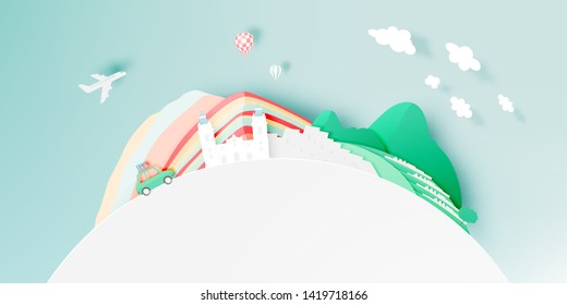 Peru travel with Machu Picchu background and paper art with pastel color scheme vector illustration