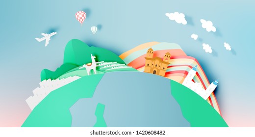 Peru travel with Machu Picchu background and paper art with pastel color scheme vector illustration