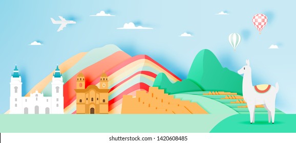 Peru Travel With Machu Picchu Background And Paper Art With Pastel Color Scheme Vector Illustration