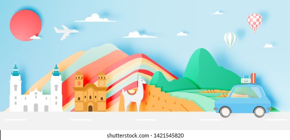 Peru travel with Machu Picchu background and paper art with pastel color scheme vector illustration