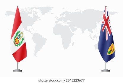 Peru and Turks and Caicos flags for official meeting against background of world map.