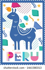 PERU typography with memphis design style. colorful alpaca vector design for poster, postage stamp, sticker, banner