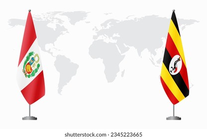 Peru and Uganda flags for official meeting against background of world map.