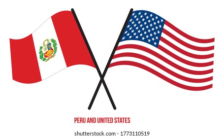 Peru and United States Flags Crossed And Waving Flat Style. Official Proportion. Correct Colors.