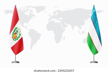 Peru and Uzbekistan flags for official meeting against background of world map.