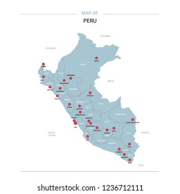 Peru vector map. Editable template with regions, cities, red pins and blue surface on white background. 