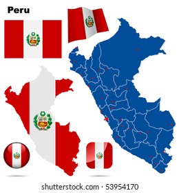 Peru vector set. Detailed country shape with region borders, flags and icons isolated on white background.