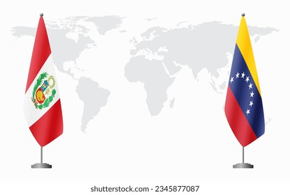 Peru and Venezuela flags for official meeting against background of world map.