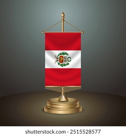Bandera de mesa de Vertical de Perú con poste dorado sobre fondo degradado oscuro, Ilustración vectorial de Anuncio de Plantilla