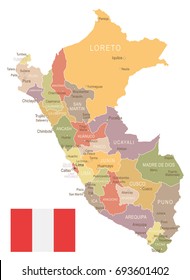 Peru vintage map and flag - vector illustration