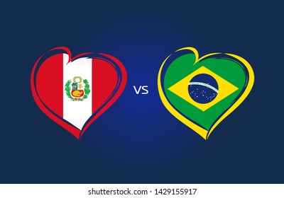 Peru vs Brazil, national team soccer flags on blue background. Brazilian and Peruvian flag in heart, logo vector. Football world championship of the competition Copa America 2019