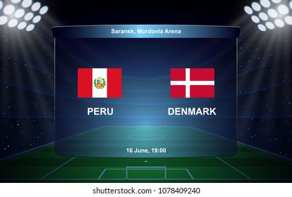 Peru vs Denmark. football scoreboard broadcast graphic soccer template