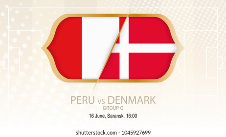 Peru vs Denmark, Group C. Football competition, Saransk. On beige soccer background.