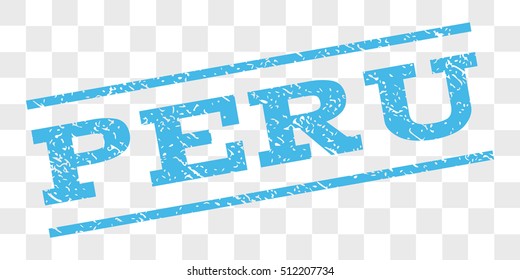 Peru watermark stamp. Text caption between parallel lines with grunge design style. Rubber seal stamp with scratched texture. Vector light blue color ink imprint on a chess transparent background.