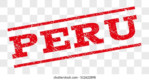 Peru watermark stamp. Text caption between parallel lines with grunge design style. Rubber seal stamp with scratched texture. Vector red color ink imprint on a chess transparent background.