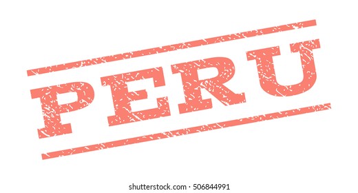 Peru watermark stamp. Text tag between parallel lines with grunge design style. Rubber seal stamp with dirty texture. Vector salmon color ink imprint on a white background.