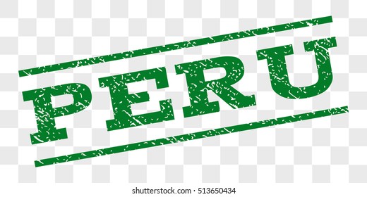 Peru watermark stamp. Text tag between parallel lines with grunge design style. Rubber seal stamp with dirty texture. Vector green color ink imprint on a chess transparent background.