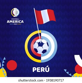 Perú ondea la bandera en el polo y en la pelota de fútbol. Fútbol Sudamericano 2021 Argentina Ejemplo vector Colombia. Patrón del torneo en tierra firme