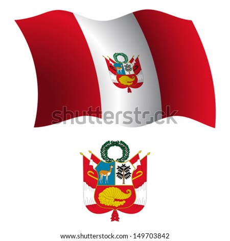 peru wavy flag and coat of arm against white background, vector art illustration, image contains transparency
