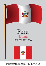 peru wavy flag and coordinates against gray background, vector art illustration, image contains transparency