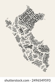Peru Word Cloud. Country with regions division. Peru typographic text clouds vector image design. Vintage gazette style country shape image. Beautiful vector illustration.