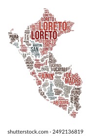 Peru Word Cloud. Country shape with region division. Peru typography style image. Region names tag clouds. Vector illustration.