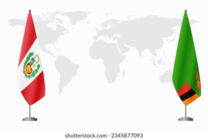 Peru and Zambia flags for official meeting against background of world map.