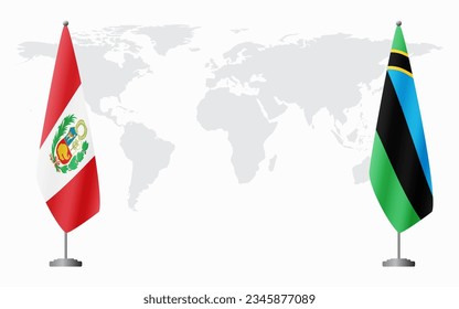 Peru and Zanzibar flags for official meeting against background of world map.