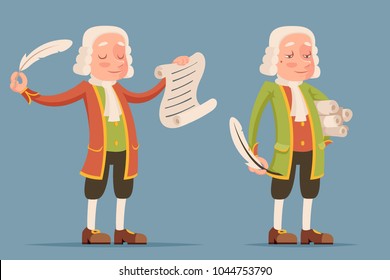 Peruke wig scroll writing feather chronicler writer scribe playwright noble medieval aristocrat mascot icon cartoon design vector illustration
