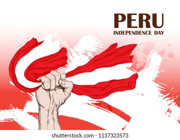 Peru's independence day. July 28rd.National Patriotic holiday of liberation in Latin America. Clenched human fist, symbol of the struggle for liberation. Hand-drawn shading. Vector image.