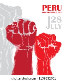 Peru's independence day. July 28rd.National Patriotic holiday of liberation in Latin America. Clenched human fist, symbol of the struggle for liberation. Hand-drawn shading. Vector image.