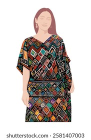 Peruvian Alpaca Dress, a woman wearing colorful geometric patterns fabric, fashion dressing, vector illustration for background design.