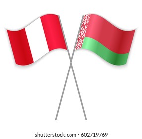 Peruvian and Belarusian crossed flags. Peru combined with Belarus isolated on white. Language learning, international business or travel concept.