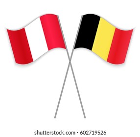 Peruvian and Belgian crossed flags. Peru combined with Belgium isolated on white. Language learning, international business or travel concept.
